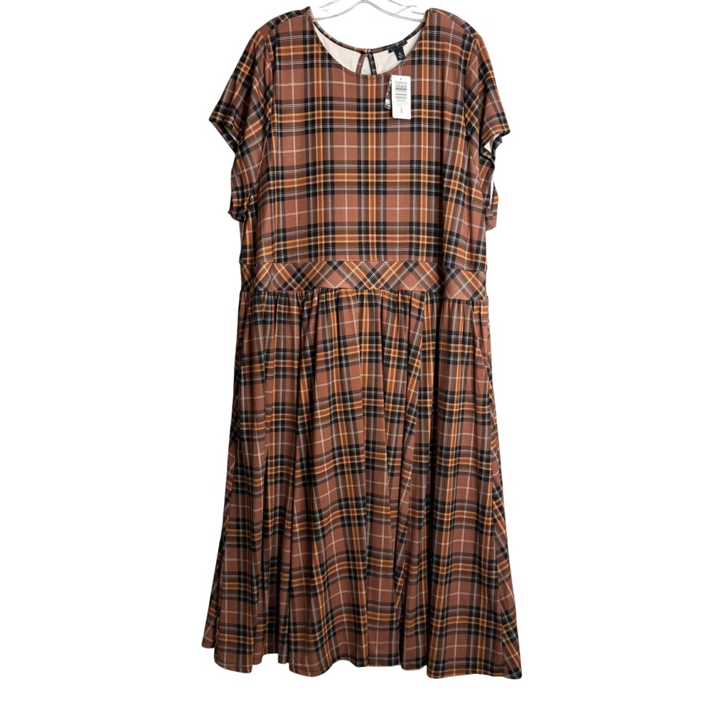 Torrid Midi Light Weight Studio Ponte Dress Womens 4X Next Tartan Plaid Rootbeer